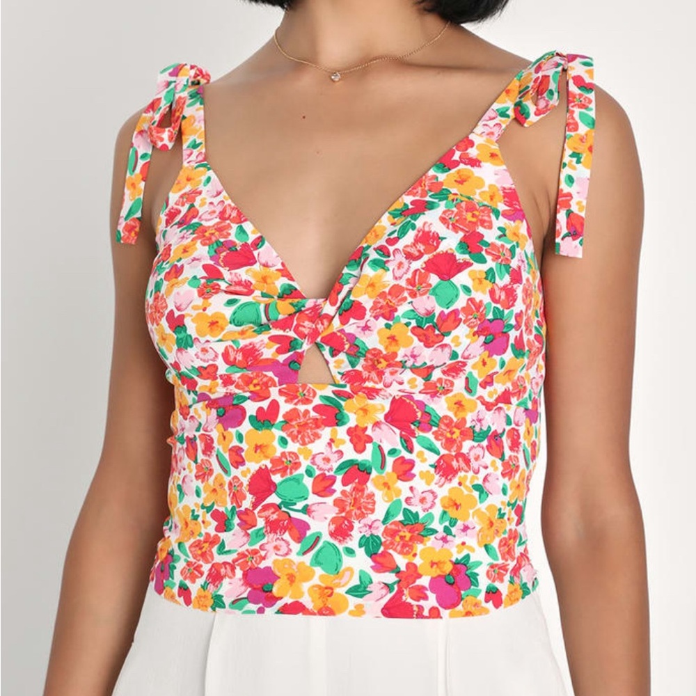 Lulus Floral Twist-Front Tie-Strap Top- new